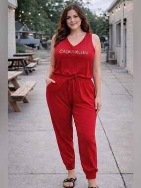 Calvin Klein Red V-Neck Rhinestone Logo  Jumper Romper Size 1X NWT